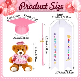 Silkfly 7 Pcs Unisex Matte 2024 Kindergarten Preschool Graduation Gown and Cap with Tassel Sash Plush Stuffed Bear Sets(Pink, 36)