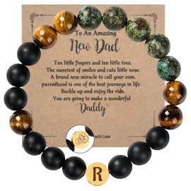 Janhavi Bracelet for New Dad,Men Birthday Gift Ideas,2025 Top Gifts for Men,Engraved Initials & Pattern,10mm Natural Tiger Eye Stone Bead, Stretch Bracelets Jewelry Gifts for New Father (Initial R)