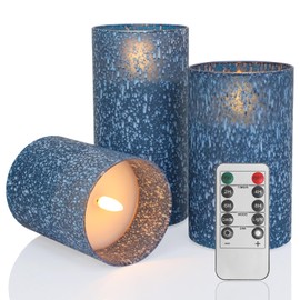 HJANDHJ Blue Flameless Candles with Remote and Timer, Real Wax Battery Operated Candles with Flickering Flame, Glass LED Pillar Candles for Home Wedding Decorations, Set of 3