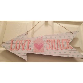 Happy Valentine's Day Arrow Sign "Love Shack"   16" X 6.5" - Pink