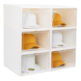 SCAVATA 6 Pack Hat Organizer Box, Stackable Clear Baseball Caps Holder Box Containers with Magnetic Door for Hats Snapback Cap Storag, Hat Rack Display Case, Holds 8 Hats Each (White)