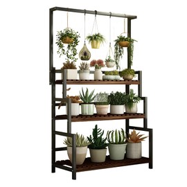 SHIOUCY Metal 3-Tier Hanging Plant Stand Indoor Outdoor, Planter Shelves Flower Pot Organizer Rack, Ladder Plant Shelf Tier Stand for Plants for Corner Balcony Window Patio Living Room