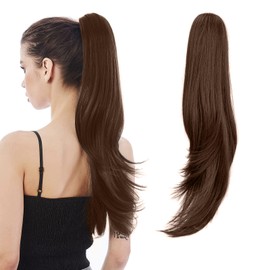 Ponytail Extension,Brown Hair Extension Ponytail 22" Long Claw Hair Extension Synthetic Wavy Straight Hairpieces Ponytail Clip in Ponytail Wig Daily Fluffy Pony Tail for Women,4.8 OZ,Light Brown