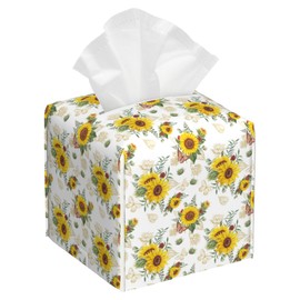 Sunflower Bouquets and Butterflies Tissue Box Cover Square Leather Tissue Holder Waterproof Facial Paper Organizer Dispenser Cube Paper Cover Case for Home Office Bathroom Vanity Countertop