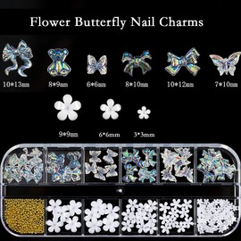 NAFIGO 3D Mix-sized Acrylic White Flowers Nail Charms Polar Butterfly Bear Spring Blossom Flower with Starry AB Crystals Rhinestones Pearls Mix Gold for Art DIY Crafting Designs
