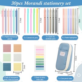 Lincia 30 Pcs Aesthetic School Supplies 6 Cute Mechanical Pencil 5 Colored Ballpoint Pen 5 Quick Dry Pen 6 Pastel Highlighter 6 Transparent Sticky Note Sticky Index Tab for Office(Fog Blue)