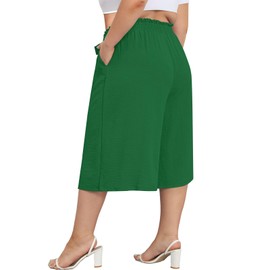 Lastshe Women's Plus Size Cropped Wide-Leg Pants with Pockets Lightweight High Waisted Adjustable Tie Knot Casual Palazzo Trousers Pants,Green,3X