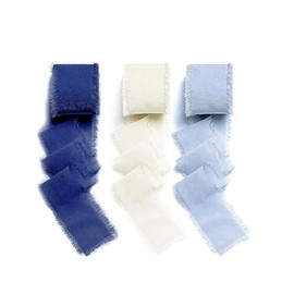 Handmade Fringe Chiffon and Silk Ribbon, Rose Pink Cotton Linen Ribbon With Frayed Edges, Craft Fabric Ribbon (Blue White Series)