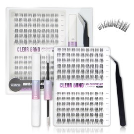 Lash Clusters Kit – LANKIZ Wispy & Fluffy Natural Eyelash Extensions, Invisible Band Individual Lashes Clusters, C+D Curl DIY Lash Extension Kit with Bond & Seal Glue for Beginners (Whisper)