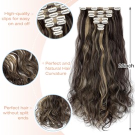 Soulwigger Clip in Hair Extensions, 22 Inch 6 PCS Natural Curly Soft Synthetic Hair Extensions Clip ins, Dark Brown Mix Ash Blonde Long Wavy Hairpiece for Women