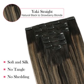 Sassina Yaki Clip in Hair Extensions Real Human Hair Double Weft Hair Extensions Two Tone Natural Black to Strawberry Blonde Invisible Clip in Hair Extensions Human Hair 14 Inch 7 Pcs 120 Grams
