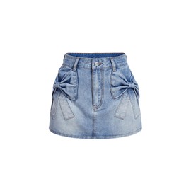 Milumia Women's Bow Knot Front Bodycon Denim Jean Mini Skirt with Pocket Light Wash Large