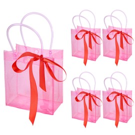 5 Pack Gift Bags with Ribbons, 16× 15× 8cm Plastic Pink Party Bags with Handles, Clear Pink Glitter Gift Bag for Wedding Birthday