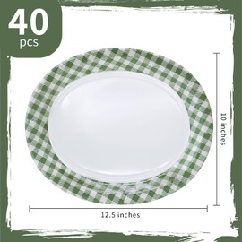 VEIZEDD 40Pcs Gingham Party Supplies 10"x12" Oval Green Gingham Paper Plates Large Pastel Dinner Plates Disposable Heavy Duty for Wedding Picnic Birthday Baby Shower