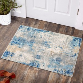 Lahome Modern Abstract Area Rug - 2x3 Washable Small Front Door Rug for Entryway Mat Contemporary Faux Wool Non-Slip Soft Floor Indoor Carpet for Living Room Kitchen Bathroom RV,Blue/Yellow/Ivory