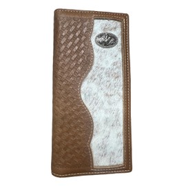 Urbalabs Mens Long Wallet Basketweave Brown Leather Soft Leather Cow Hair Checkbook Style Cowboy Hand Crafted High End Mens Wallets Leather Bull Rider Rodeo Concho Gifts For Men, Brown, Western