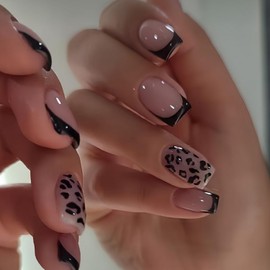 24 Pcs French Press on Nails Short Square Shaped Fake Nails with Black Leopard Print Designs Full Cover Acrylic Nails Glossy False Nails Stick on Nails Women Nails Manicure Decoration