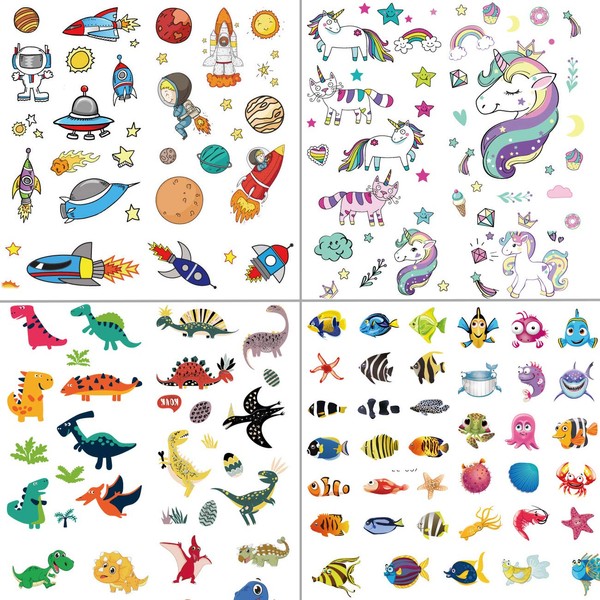 250pcs Temporary Tattoos for Kids Birthday Party - Featured 4 Series of Cute Waterproof Tattoos for Boys Girls, Dinosaurs,Spaceships,Fish,Unicorn