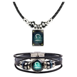 2Pcs Zodiac Necklace Bracelet Set for Men Zodiac Sign Jewelry Leather Constellations Zodiac Bracelet for Men Zodiac Gifts for Women (LIBRA)