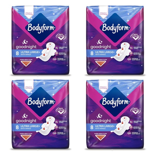 Bodyform Ultra Goodnight Sanitary Towels with Wings, 32 (8 x4 Packs) Period Pads for Night use, Super Heavy Flow, Cour-V Ultra Night (Pck of 4)