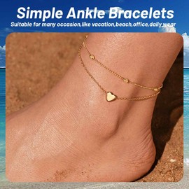 AIYVELU Anklet Gold Women Waterproof Multi-Row Adjustable Anklet Fashion Multi-Layer Eternal Heart Beads Beach Foot Jewellery for Women and Girls, Metal