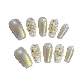 Handmade Nail Tips Medium Coffin 3D Popular Nails Pearl Beige French Nail Tips Summer Simple False Nail Tips 10 Pieces with Storage Box Included