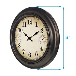 Alarllok 18 Inch Large Outdoor Clock with Thermometer and Hygrometer Combo, Retro Waterproof Indoor Outdoor Wall Clocks for Patio Pool Garden Living Room Home Decor- Bronze