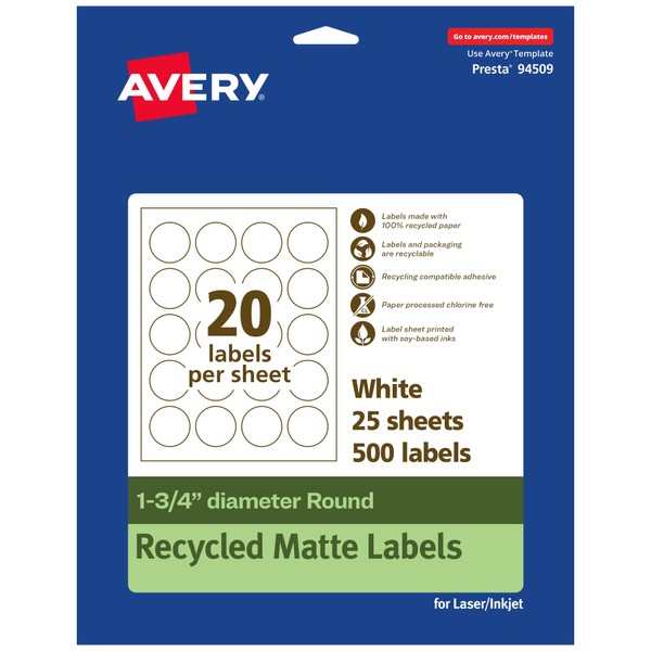 Avery EcoFriendly Matte White Recycled Round Labels, 1.75" Diameter, Print-to-The-Edge,