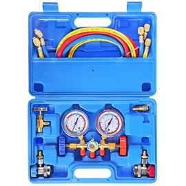 JIFETOR 3 Way AC Manifold Gauge Set, HVAC Diagnostic Charging Tool for Auto Household R404A R134A Refrigerant, with 5FT Hose, Adjustable Quick Coupler, Can Tap and Adapter