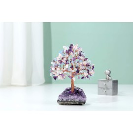 Jovivi Natural Amethyst + Aquamarine + Rose Quartz Healing Crystal Money Tree on Amethyst Cluster Geode Druzy Base Feng Shui Crystals for Home Office Desk Decorations, Wealth, Good Luck