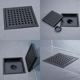SEABEFORE Matte Black Shower Drain Kit 6 inch Square Floor Drain with Tile Insert Grate Removable, Invisible Look or Flat Cover, SUS304 Stainless Steel, with Threaded Adapter