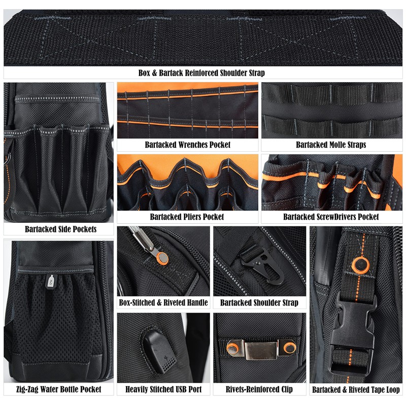 66-Pockets Tool Bag, Heavy-Duty Jobsite back pack for electricians, construction,
