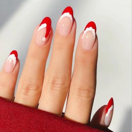 LPOODDNU Christmas Press on Nails Medium Almond Christmas Fake Nails Red French Tip Santa Hat Design Christmas Glue on Nails Cute Medium Almond Christmas False Nails for Women Nail Art Decorations