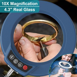 Seylae 10X Magnifying Glass with Light and Stand, Blue 2-in-1Desk Lamp & Clamp Light, 5 Color Modes, Brightness Stepless Dimming LED Lighted Magnifier Hands Free,Magnifier Lamp for Craft - Blue