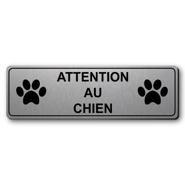 Plaque gravée personnalisée autocollante logo ATTENTION AU CHIEN + logo pattes de chien - 13x4 cm Alu Brossé