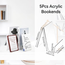 Acrylic Bookends, Pack of 5, 10 x 11.5 x 13 cm, Slanted Book Holder, Transparent, Bookend for Shelf, Book Stand for Books, Photos, DVDs, Organization, Book Stand for Children, School, Office