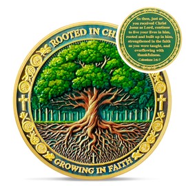 Tree of Faith Christian Challenge Coin - Colossians 2:6-7 Jesus Religious Token - Rooted in Christ God Pocket Bible Verses Chip for Study - Good Luck Commemorative Gifts for Men Women Kids Coworker