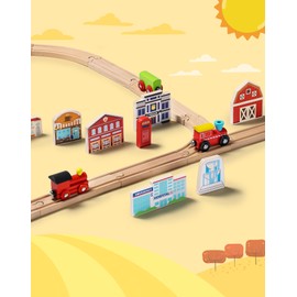 SainSmart Jr. 30 Pcs Wooden Town Play Set, Wooden Train Accessories, Community Helpers Toys for Preschool Learning | Includes Buildings, Traffic Signs and Trees | Gift for Boys and Girls