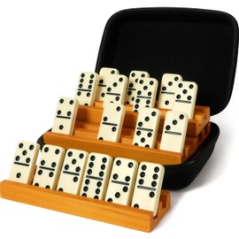 Queensell Dominos Set for Adults with 4 Domino Racks - Double 6 Dominoes Set with Domino Holder, Classic Board Games for Kids and Adults - Double Six Standard Dominos Set 28 Tiles with Travel Case