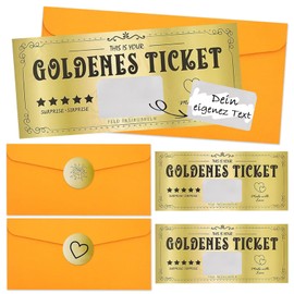 2 Golden Tickets with 2 Gold-Coloured Scratch Stickers and 2 Envelopes, Voucher to Fill Yourself with Scratch Sticker for Christmas Vouchers, Birthday Card, Film Vouchers, Gifts