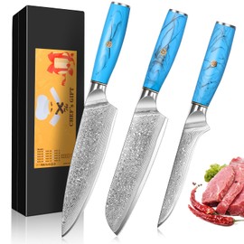 Home Safety Damascus Chef Boning Knives 3 Piece Kitchen Knife Set VG-10 Damascus Steel Professional Chef's Knife – Razor Sharp Cleaver Set with Ergonomic Natural Resin Handle Cooking Knife