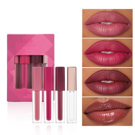Set de Labiales Líquidos 4 Piezas con Acabado Brillante, Perlado, Fácil de Aplicar, Larga Duración, Impermeables y que No Manchan Vasos, Kit de Maquillaje Diario (A)