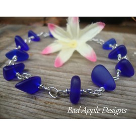 Cobalt Blue Sea Glass Silver Chain Link Statement Chunky Rhinestone Crystal Bangle Fashion Jewelry Bracelet For Women Beach Glass Tumbled