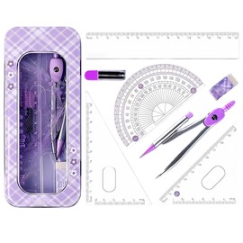 WUSJCOF Geometry Set Compass and Accessories for Primary and Secondary School, Complete Set with Set Square, Ruler, School Supplies for Students (Purple)