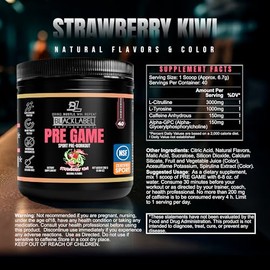 BLACKLABEL Supplements- PRE-Game Pre Workout Powder, Fresa Kiwi (40 porciones)  Certificado por la NSF para el deporte  150 mg de cafeína...          