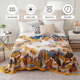 Queen Throw Blanket for Bed 100% Cotton Boho Ultra Soft Quilt Butterfly and Floral Double Embroidery Spring Queen Bed Blanket Bedspread,90"x90" All Season Blankets for Bedding Couch