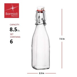 Bormioli Rocco 8.5oz Swing Bottle (Set of 6) - Reusable Glass Bottles with Airtight Leakproof Swing Tops, BPA-Free Bottle, Great for Homemade Syrups, Dressings, Infused Oils, Fresh Juices