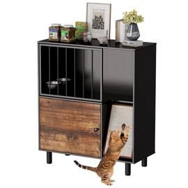 Qiaoxuan Dog Proof Cat Feeding Station, Cat Feeding Station Furniture with Storage and Cats Scratching Board, 2 Raised Pet Food and Water Bowl for Indoor Cats, Large Pet Cabinet