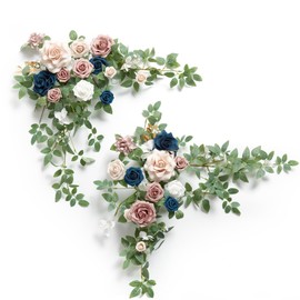 Ling's Moment 2PCS Dusty Rose & Navy Flower Garland Artificial Floral Swags Centerpieces Wedding Rose Greenery Arrangements for Sweetheart/Head Table Decor Wedding Car Wall Arch Garden Decor