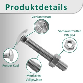 DSM - Carriage Bolts M5 x 70 mm DIN 603 - Includes M5 Hex Nut DIN 934 - A2/V2A Stainless Steel - Round Head Screws with Square Neck - Full Thread - Gate Hinge Screws - Pack of 10